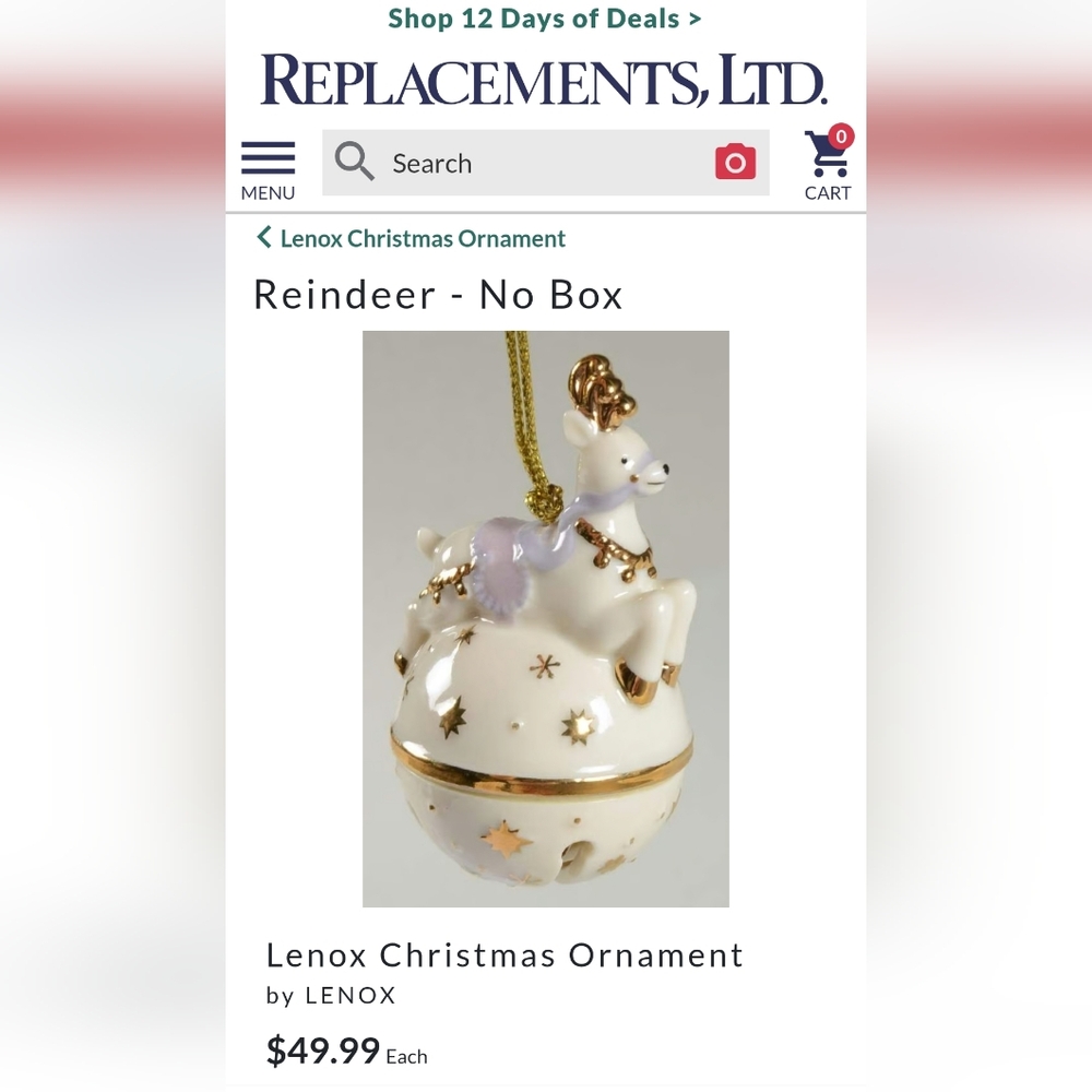 Lenox Mini Sleigh Bell Reindeer Ornament~,Porcelain~Handpainted~Retired
